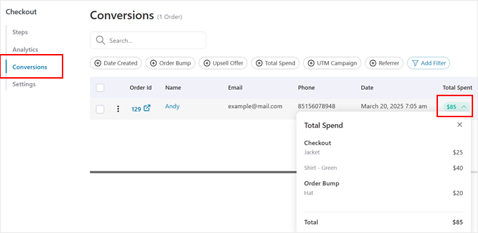 The conversion analytics section in FunnelKit