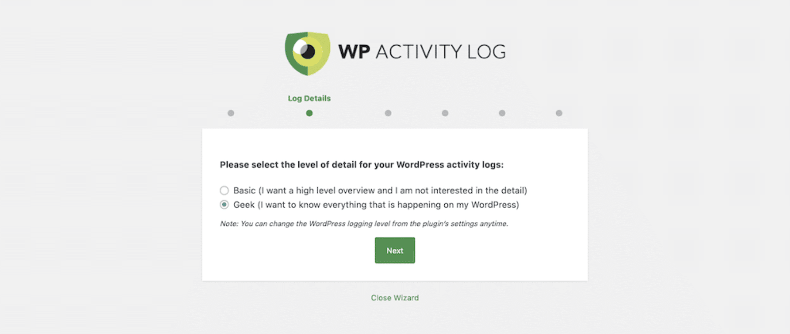 The WP Activity Log onboarding wizard.