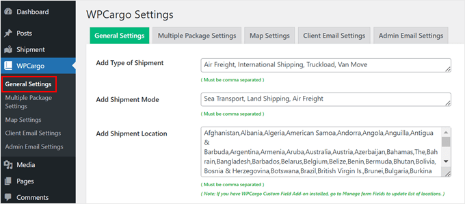 WPCargo's general settings WPCargo's general settings