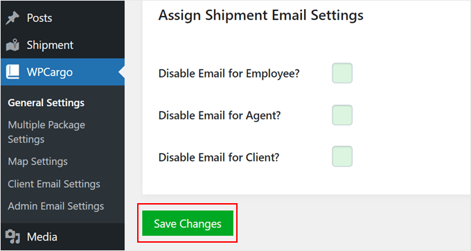 Clicking save changes in WPCargo Clicking save changes in WPCargo