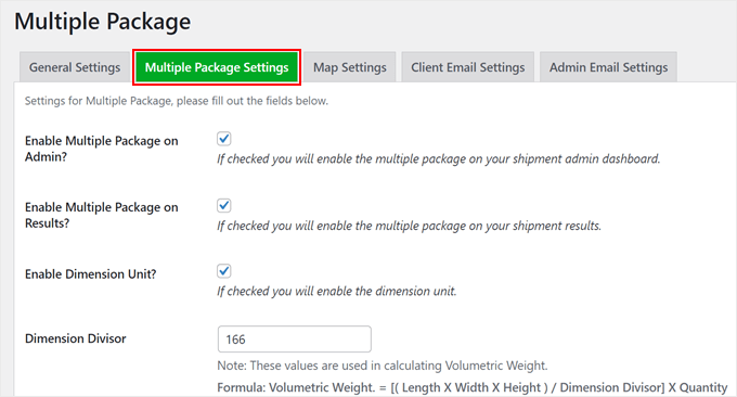 WPCargo's multiple package settings WPCargo's multiple package settings