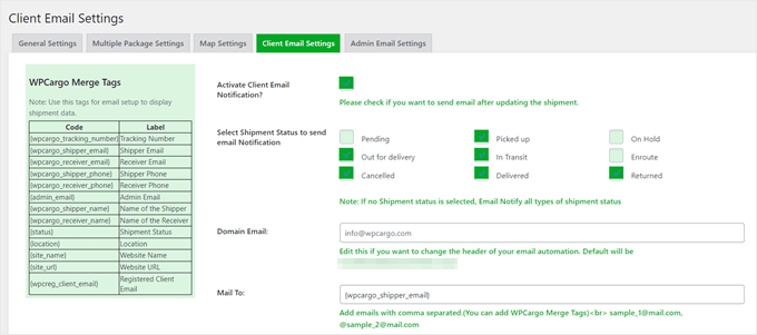 WPCargo's client email settings WPCargo's client email settings