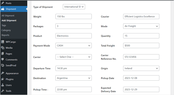 Filling out WPCargo's shipment details Filling out WPCargo's shipment details