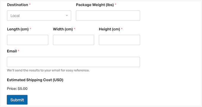 The WPForms shipping calculator form The WPForms shipping calculator form