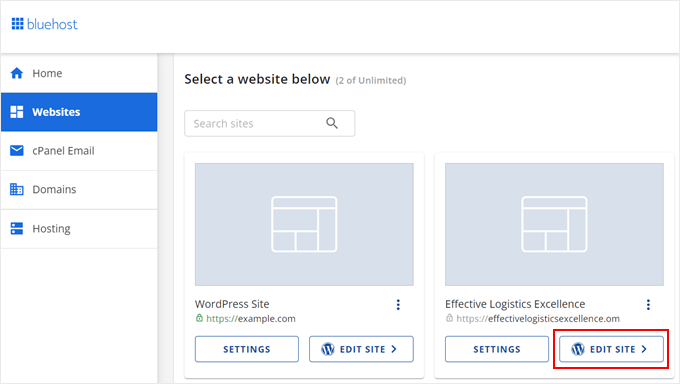 Clicking on the Edit Site button in Bluehost Clicking on the Edit Site button in Bluehost