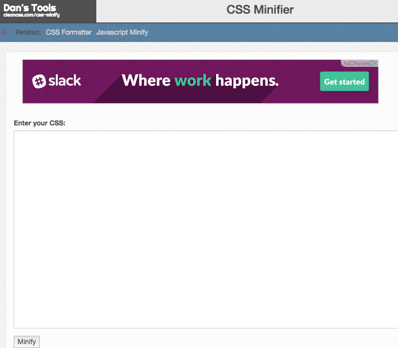 Screenshot of Dans Tools CSS Minifier