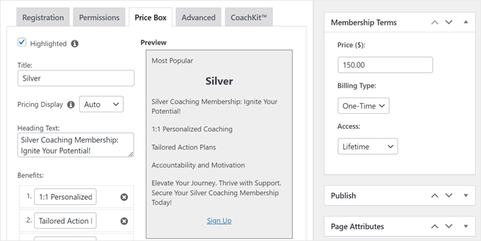 The Price Box settings when creating a new MemberPress membership plan The Price Box settings when creating a new MemberPress membership plan