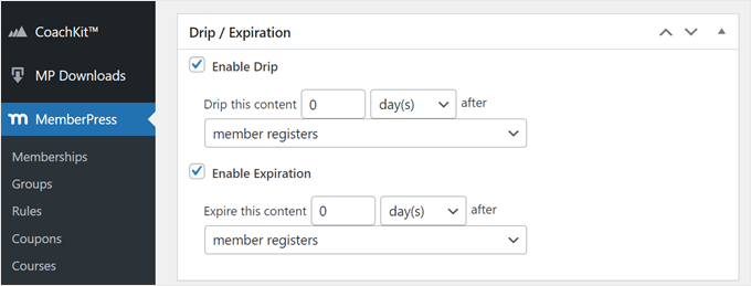 The Drip and Expiration features in MemberPress The Drip and Expiration features in MemberPress