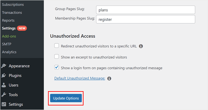 Clicking the Update Options button in MemberPress settings Clicking the Update Options button in MemberPress settings