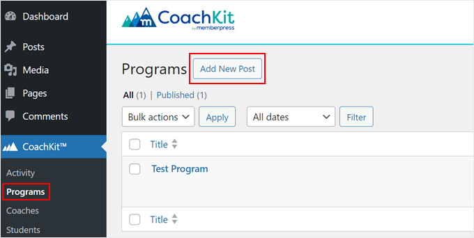 Adding a new program in MemberPress' CoachKit Adding a new program in MemberPress' CoachKit