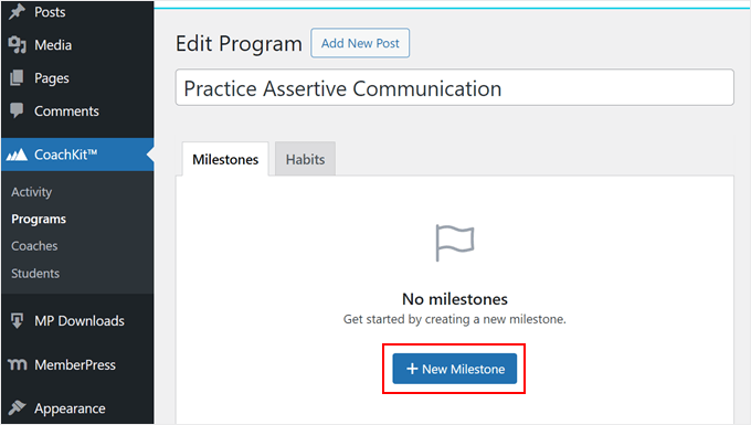 Adding a new milestone for a coaching program in MemberPress Adding a new milestone for a coaching program in MemberPress