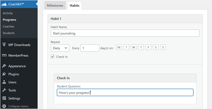 Configuring a coaching program habit in MemberPress Configuring a coaching program habit in MemberPress