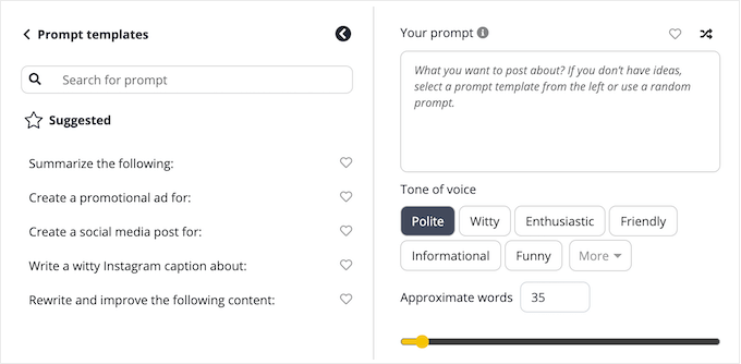 SocialBee's AI prompt library 