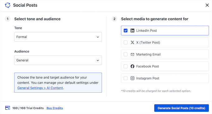 Using AIOSEO to generate posts for LinkedIn, Facebook, Twitter/X and more