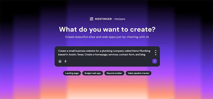 Prompting Hostinger Horizons to vibe code a website
