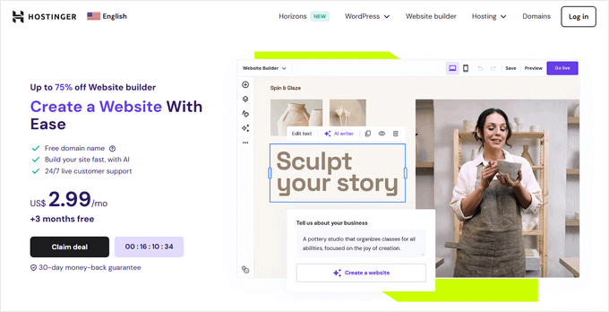 Hostinger Website Builder's landing page