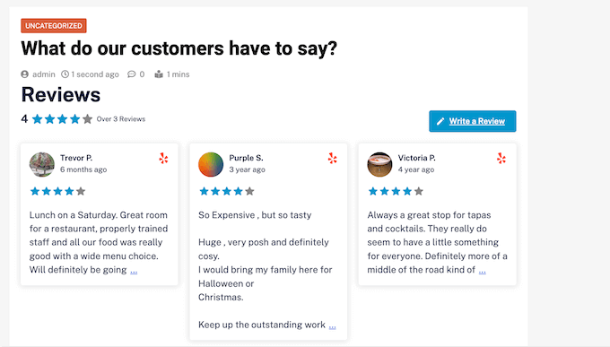 An example of an embedded review feed, created using Smash Balloon