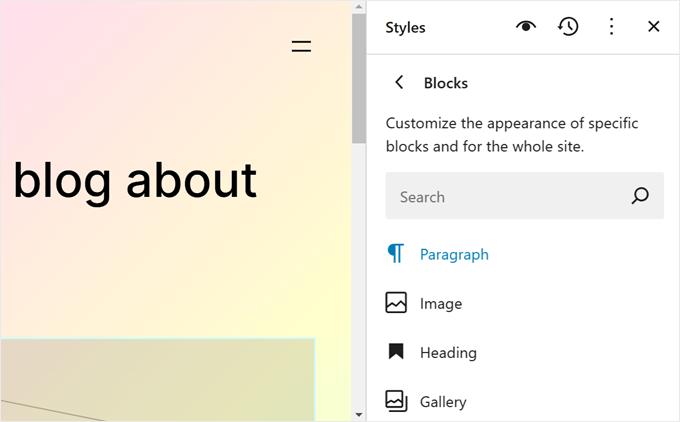 Choosing a block whose appearance needs to be customized in FSE Choosing a block whose appearance needs to be customized in FSE