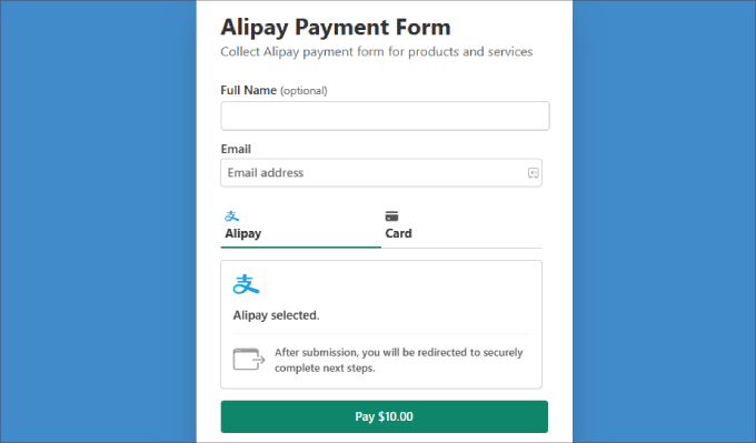 Alipay payment form preview Alipay payment form preview