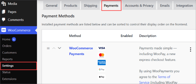 WooCommerce payments tab WooCommerce payments tab