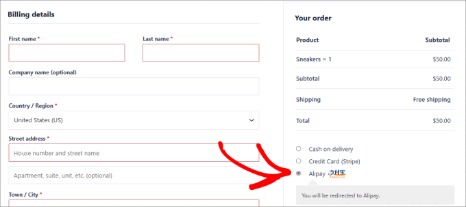 Alipay checkout option Alipay checkout option