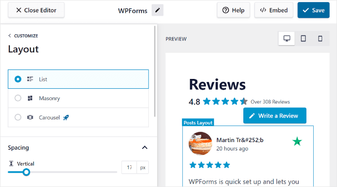 The top section of the Layout tab in the Reviews Feed Pro editor The top section of the Layout tab in the Reviews Feed Pro editor