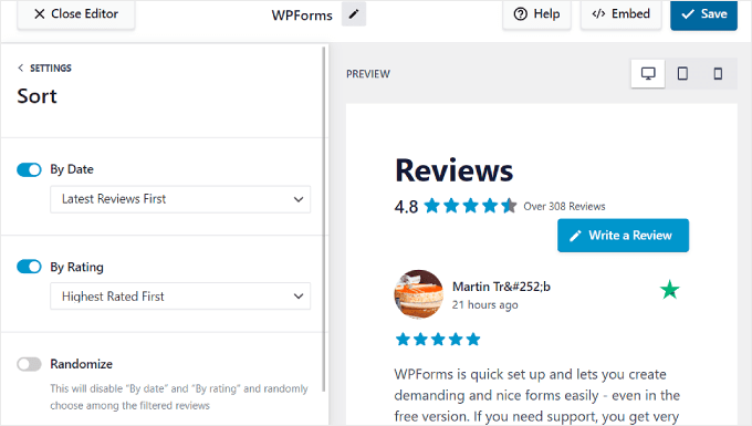Configuring the review display sort settings using the Reviews Feed Pro plugin Configuring the review display sort settings using the Reviews Feed Pro plugin