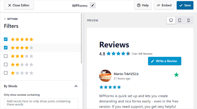 Configuring the review filters using the Reviews Feed Pro plugin Configuring the review filters using the Reviews Feed Pro plugin
