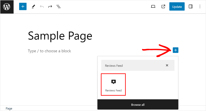 Adding the Reviews Feed Block using the block editor Adding the Reviews Feed Block using the block editor