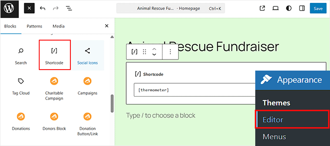 Add fundraising thermometer shortcode in the FSE Add fundraising thermometer shortcode in the FSE