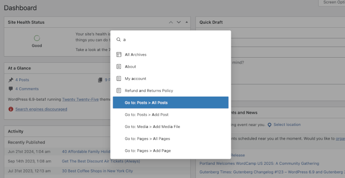 Command palette in WordPress dashboard