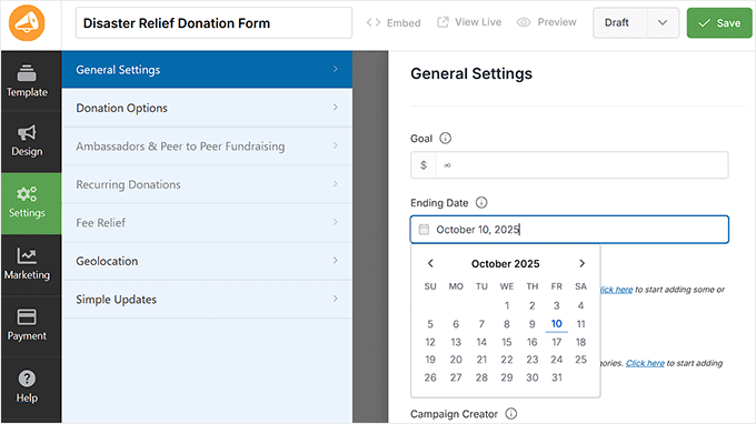 Add an end date for the donation form in Charitable