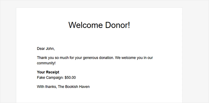Preview of a welcome email for donors