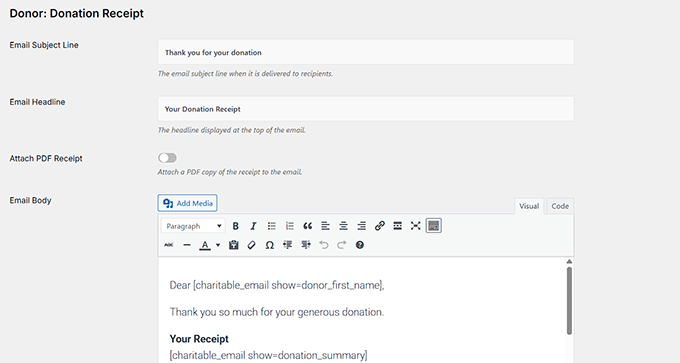 Configure donation Thank you email in Charitable