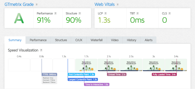 SeedProd's GTmetrix speed test results