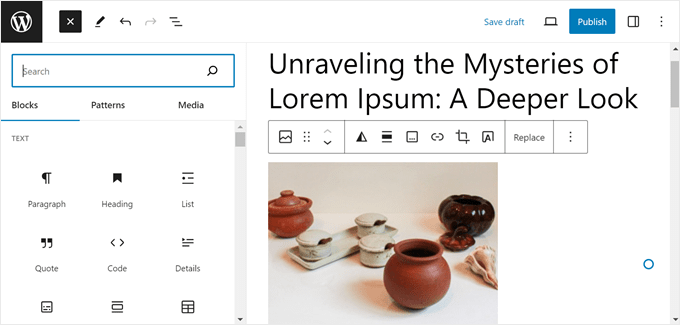 Opening the block inserter library in WordPress Opening the block inserter library in WordPress