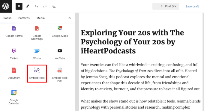 Searching for the EmbedPress block