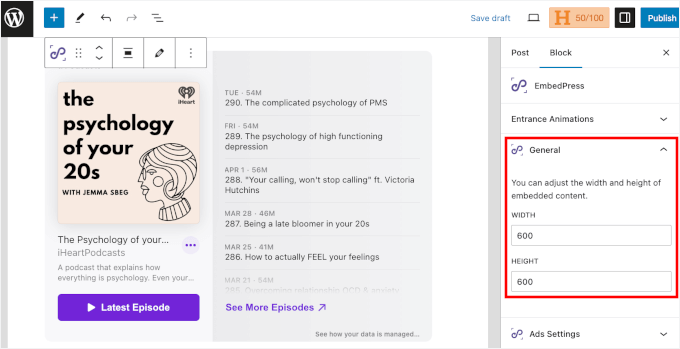 EmbedPress' general settings for width and height