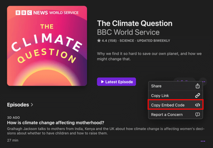 Copying a show's embed code