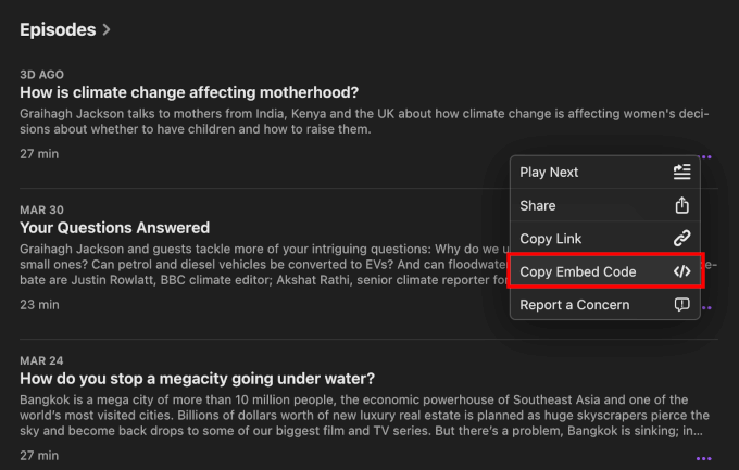 Copying an episode's embed code