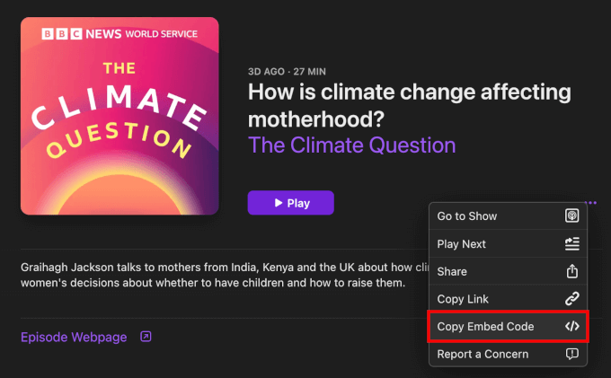 Copying an episode's embed code from its individual page