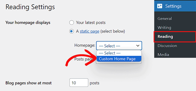 Choose a static home page Choose a static home page
