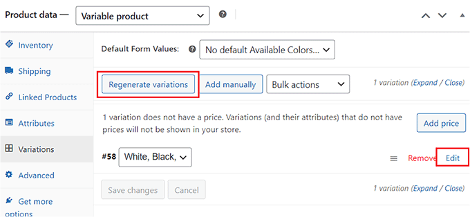 Edit product variations Edit product variations