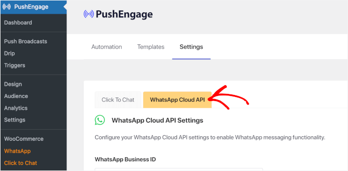 The WA Cloud API tab