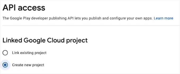 Select the Create New Project on the API access page