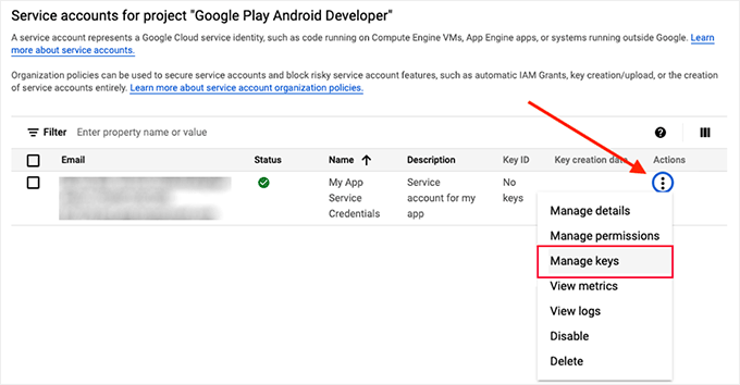 Click the Manage Keys option