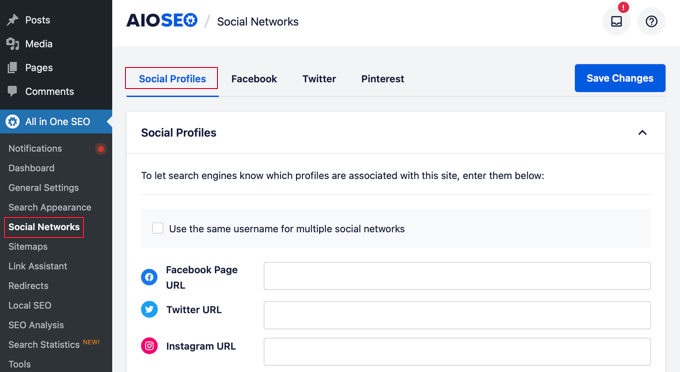 AIOSEO's Social Profile Settings AIOSEO's Social Profile Settings