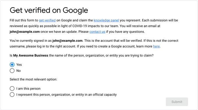 The 'Get Verified on Google' Page The 'Get Verified on Google' Page