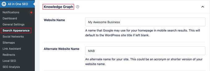 AIOSEO's Knowlege Graph Settings AIOSEO's Knowlege Graph Settings
