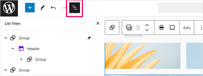 List view in WordPress editor List view in WordPress editor